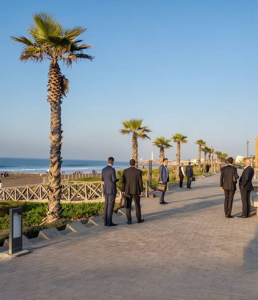 Participants d’un séminaire sur l’esplanade en bord de mer d’Anfaplace
