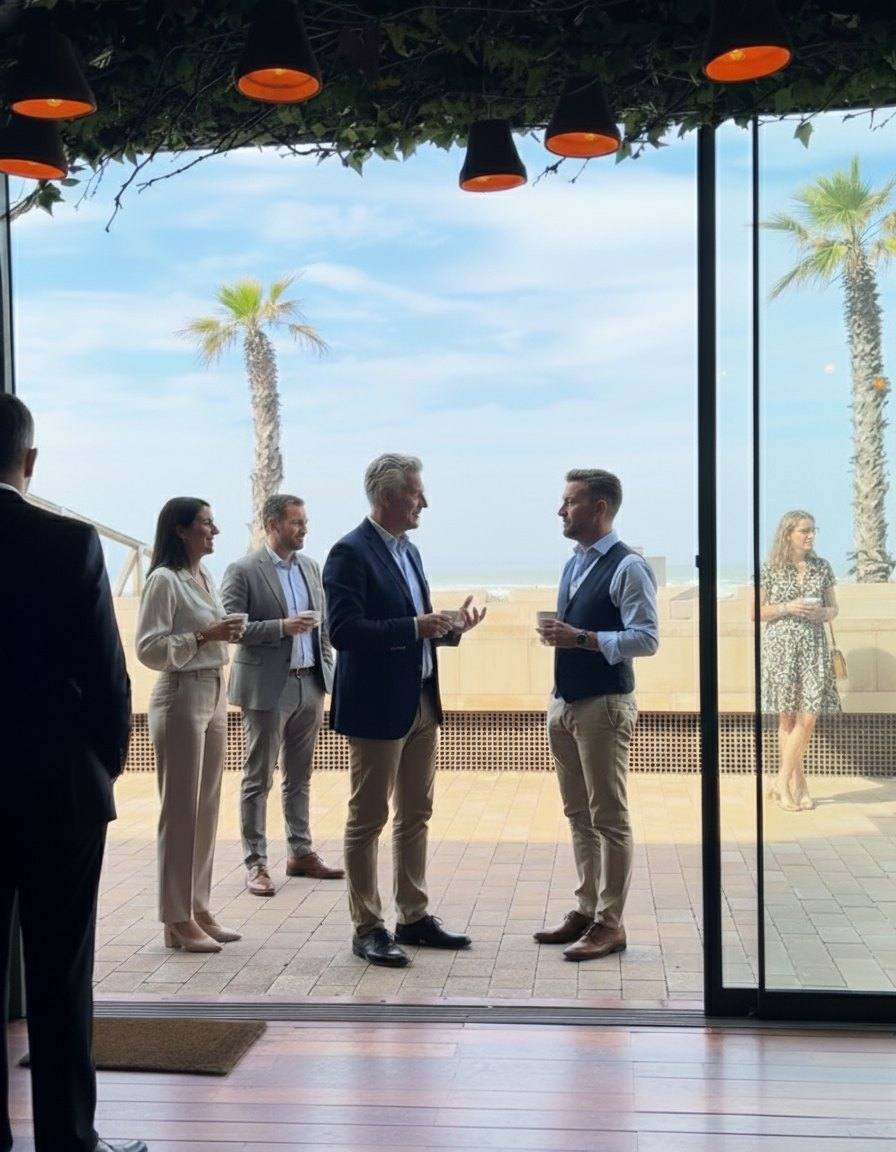 Pause entre collègues dans une véranda ouverte sur la mer à WeMeet Anfaplace