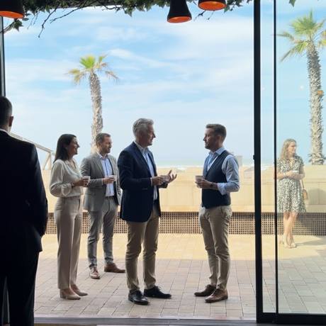 Pause entre collègues dans une véranda ouverte sur la mer