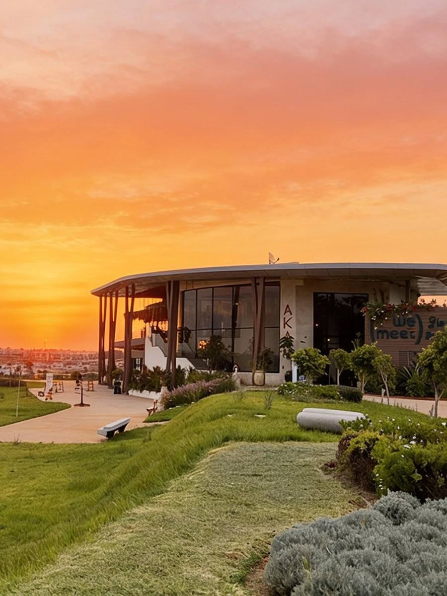 WeMeet Bouskoura au coucher du soleil, entouré de jardins