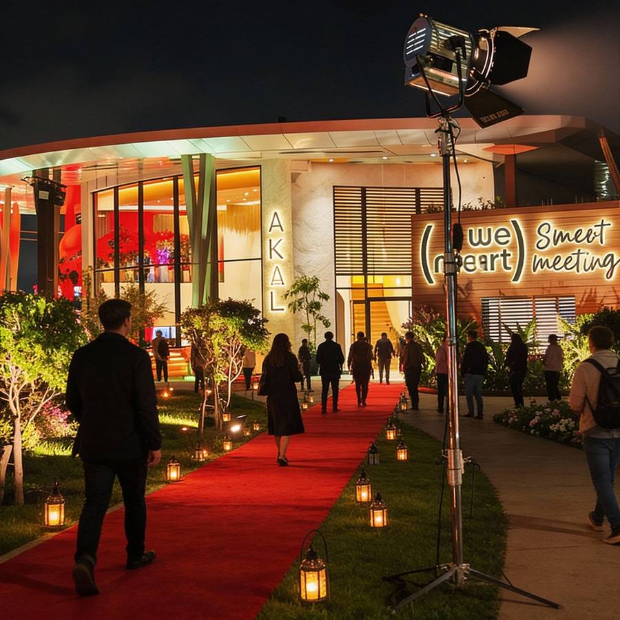 Soirée d’entreprise avec tapis rouge devant WeMeet Bouskoura