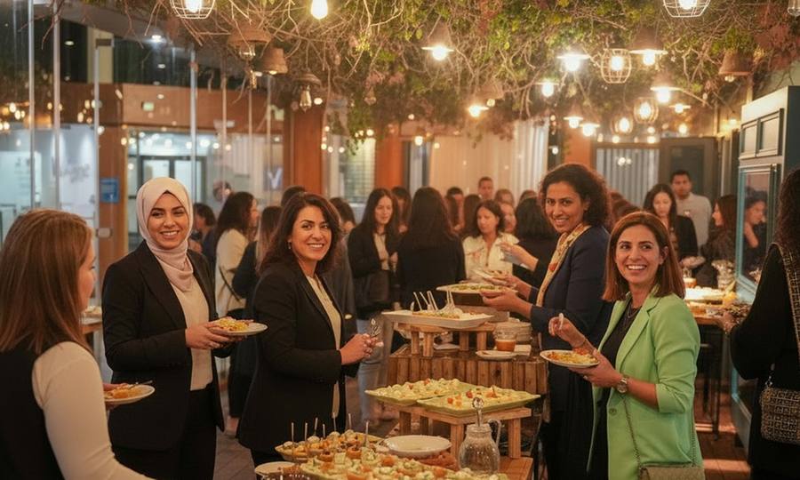 Cocktail de networking autour d’un buffet sous une voûte végétale