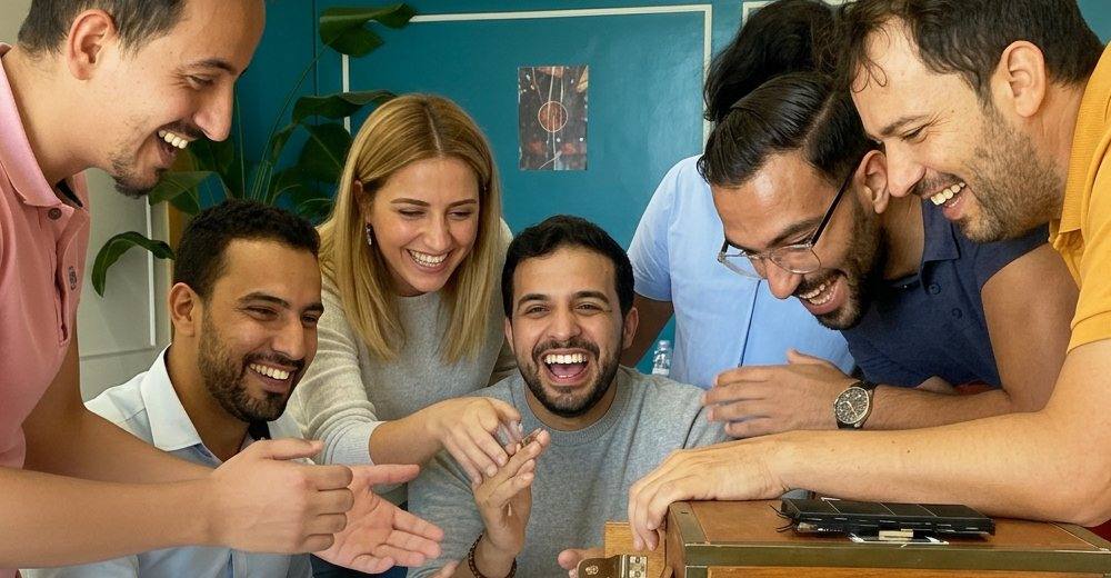 Équipe réjouie autour d’une Mystery Box pendant l’escape game Crack the Box