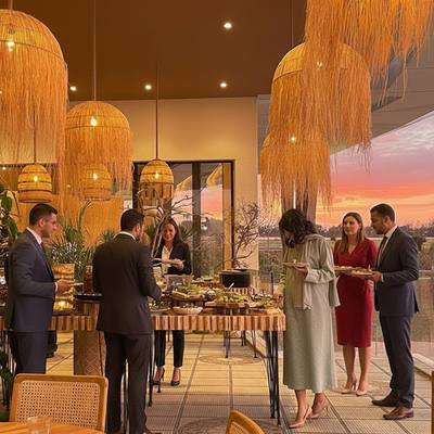 Déjeuner de séminaire au restaurant Akal sous les suspensions en raphia