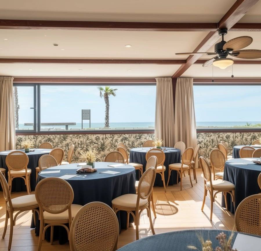 Salle Bali dressée en tables rondes avec vue sur la mer