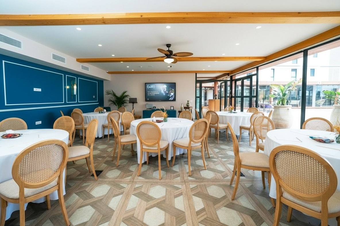 Salle Londres en tables rondes, murs bleu pétrole et grandes baies, WeMeet Anfaplace