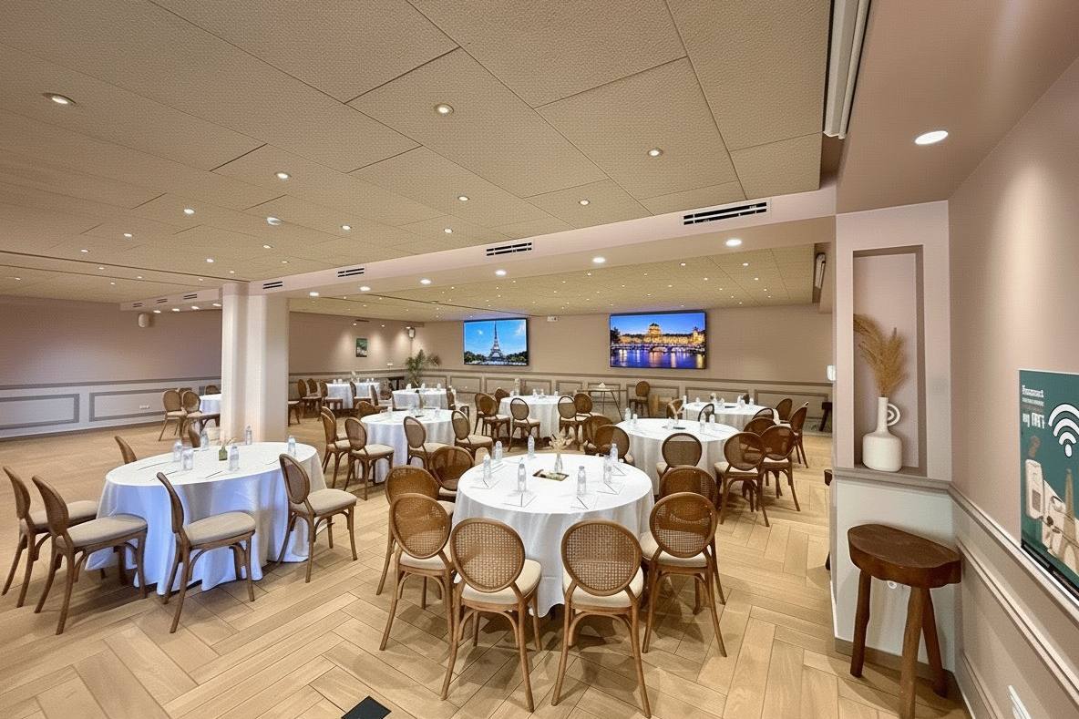 Salle Paris dressée en tables rondes pour un séminaire à WeMeet Anfaplace
