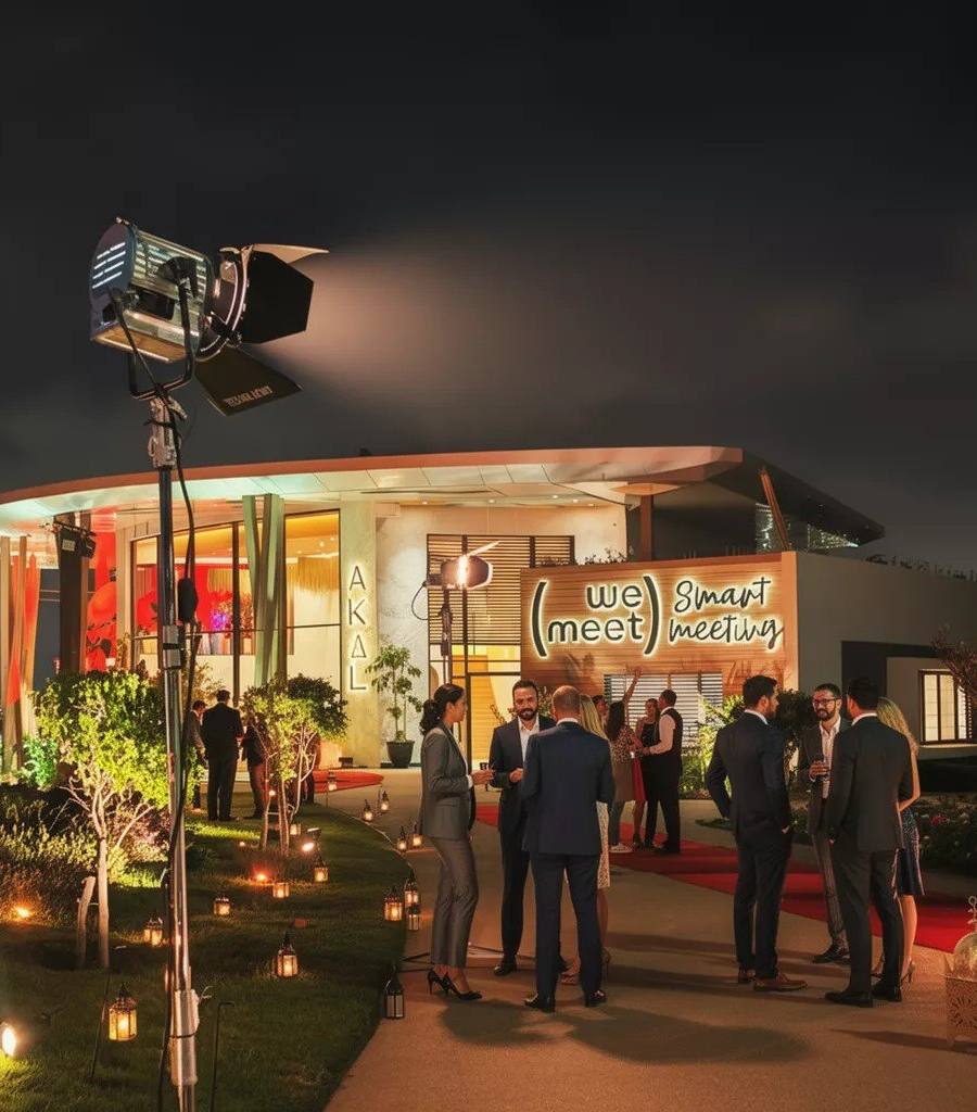 Soirée d’entreprise illuminée devant WeMeet Bouskoura