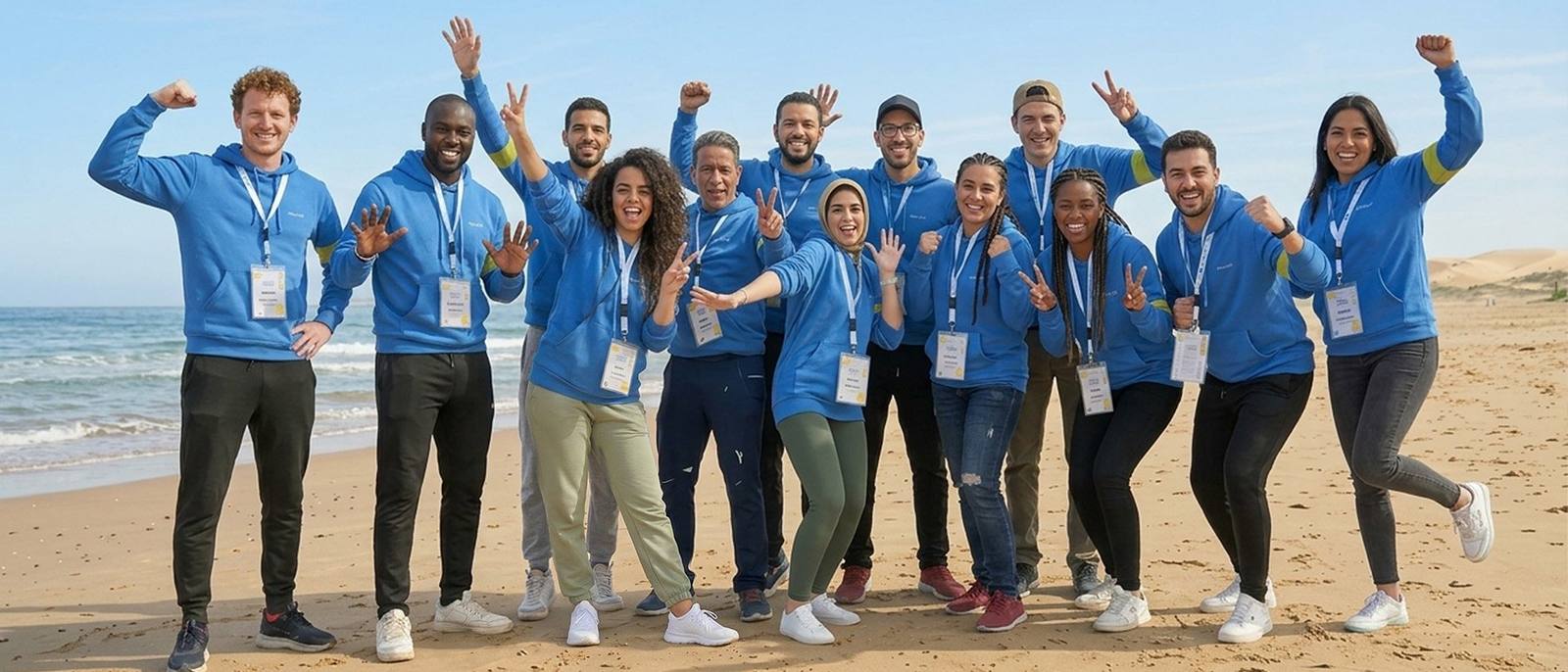 Équipe en tenue bleue célébrant une activité de team building sur la plage à Casablanca