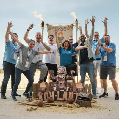 Équipe réunie autour d’un totem lors d’un team building Koh-Lanta sur la plage