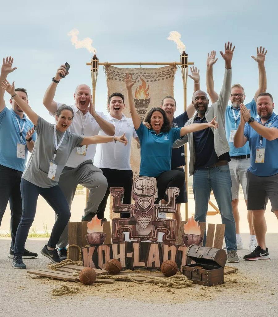 Équipe victorieuse autour du totem Koh-Lanta sur la plage